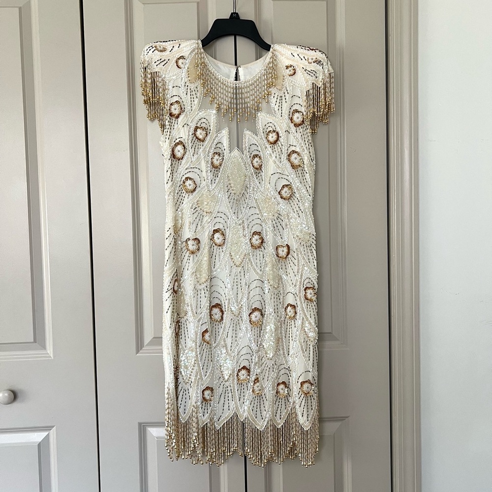 A.J. Bari White and Gold Beaded Backless Cocktail Dress